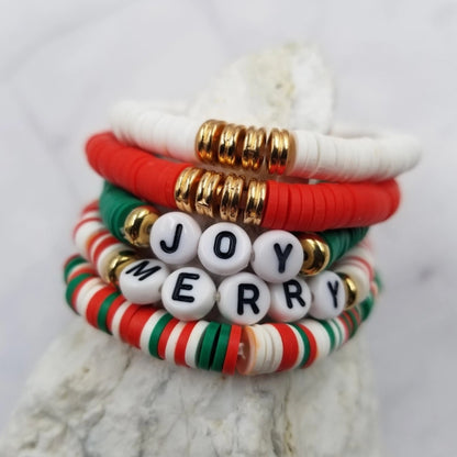 Set of Joy and Merry Christmas Stretch Stacking Bracelets - Made in the USA