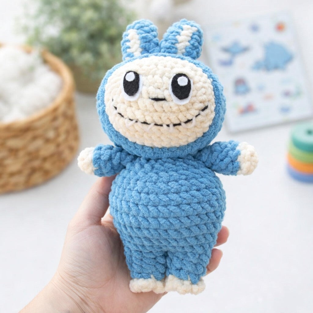 Crocheted Plushie Bunny - Blue (Labubu Inspired) - Made in the USA