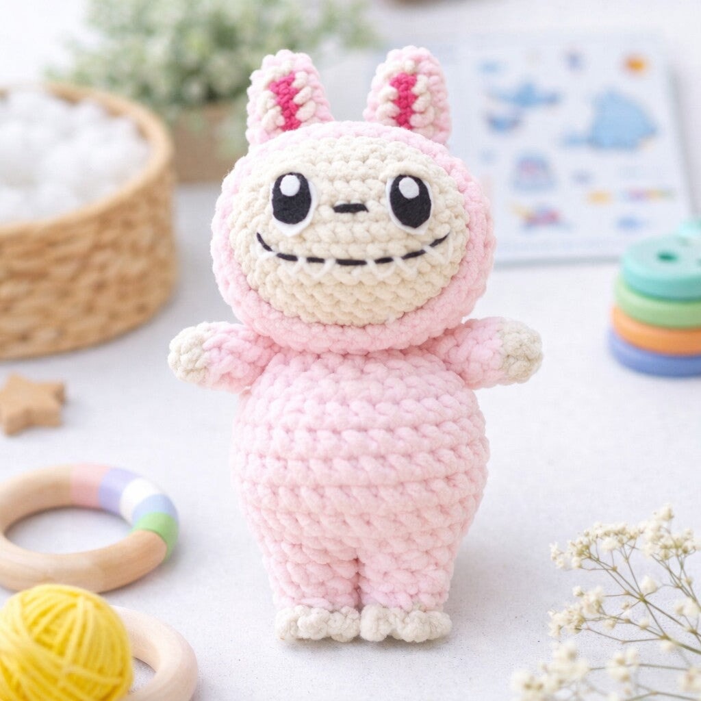 Crocheted Plushie Bunny - Pink (Labubu Inspired) - Made in the USA