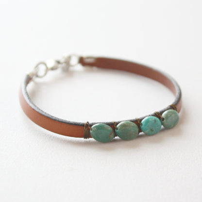 Turquoise Gemstone Boho Leather Bracelet - Made in the USA