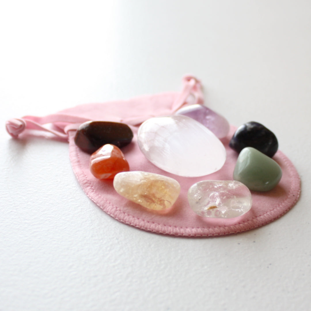 7 Chakra Stone Set with Selenite Palm Stone - Made in the USA