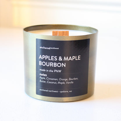 Antique Brass Wood Wick Soy Candle - Apples and Maple Bourbon - Made in the USA