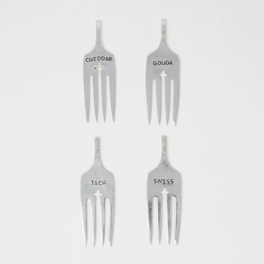 Vintage Fork Cheese Markers  Set - "Cheddar" "Gouda" "Jack" and "Swiss" - Made in the USA