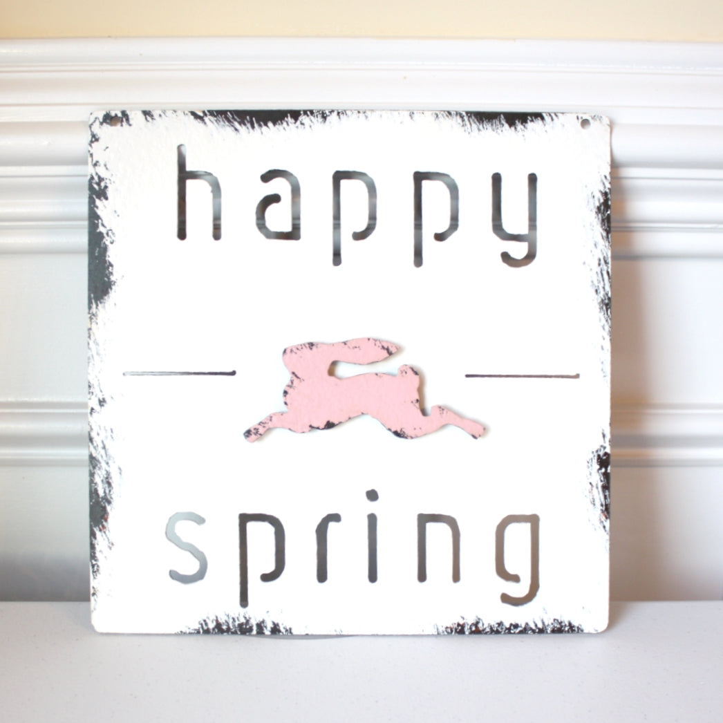 Happy Spring Sign with Pink Bunny - Made in the USA