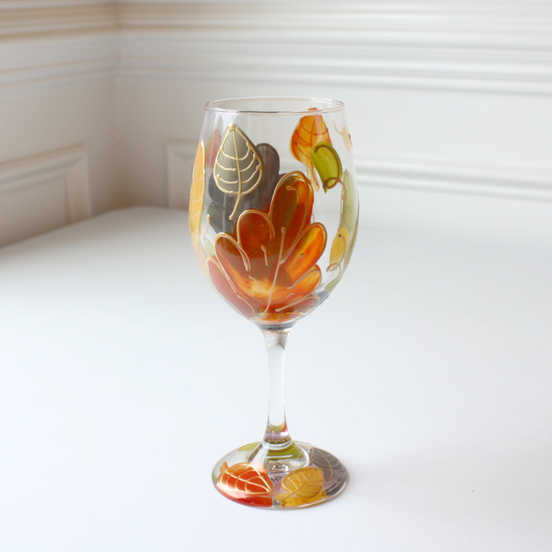 Hand Painted Wine Glasses - Harvest Leaf - Made in the USA