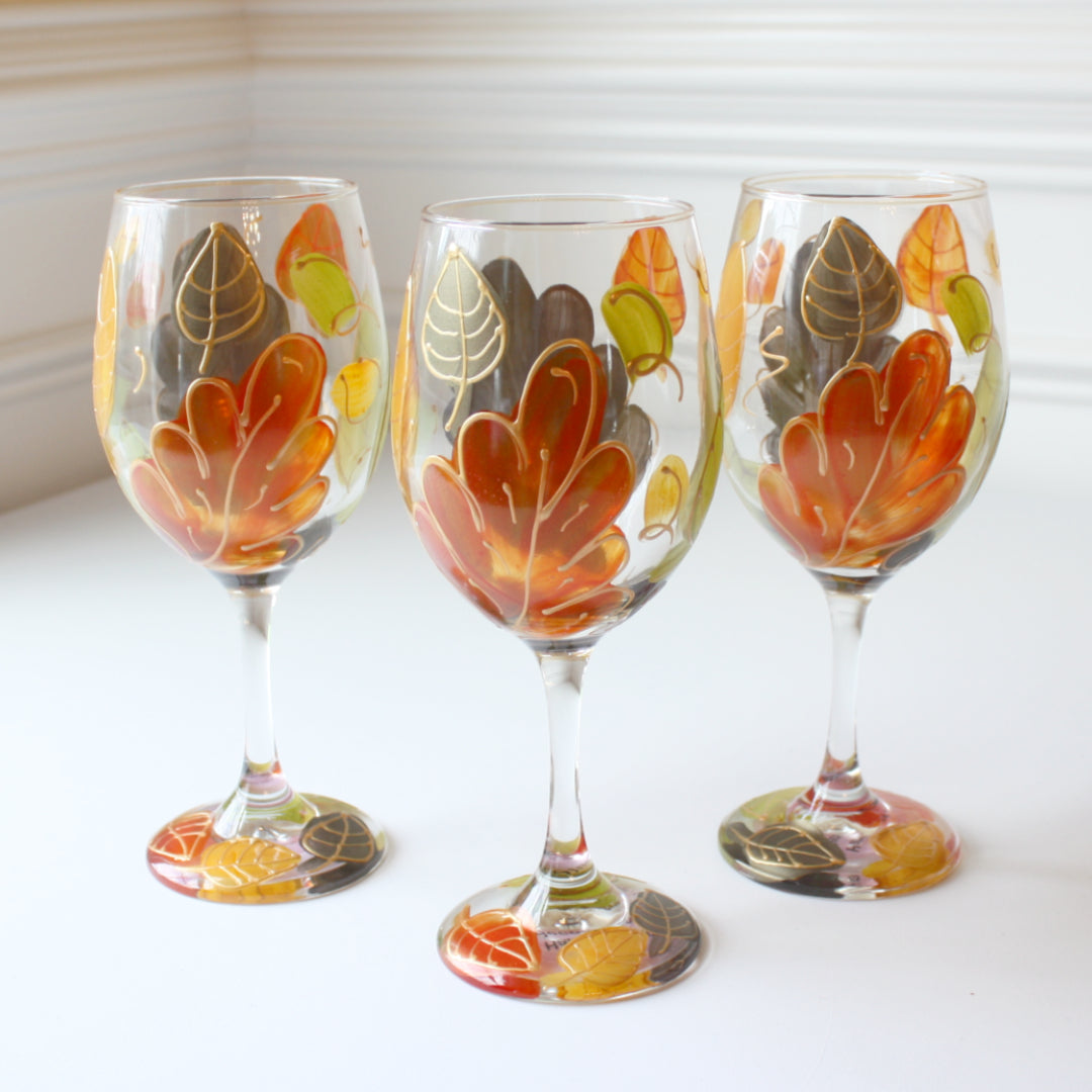 Hand Painted Wine Glasses - Harvest Leaf - Made in the USA