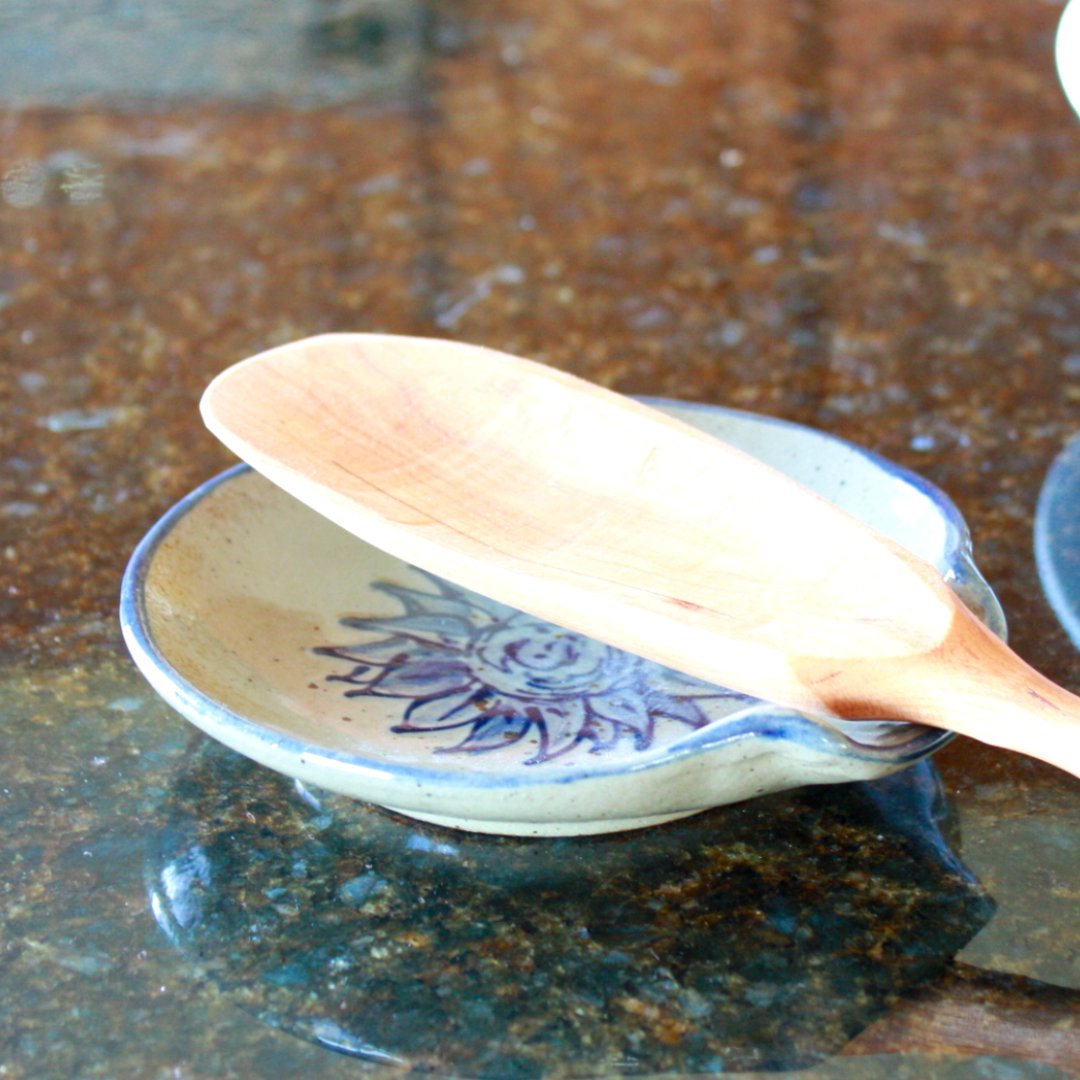 Sunflower Hand Painted Pottery Spoon Rest - Made in the USA