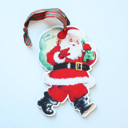 Vintage Style Santa Carrying Bag - Wood Christmas Ornament - Made in the USA
