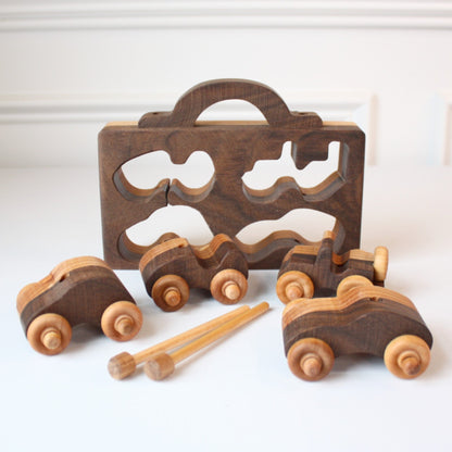Wooden Toy 4 Car Fun Pack with Case - Made in the USA