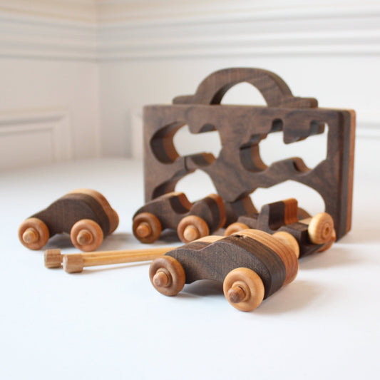Wooden Toy 4 Car Fun Pack with Case - Made in the USA